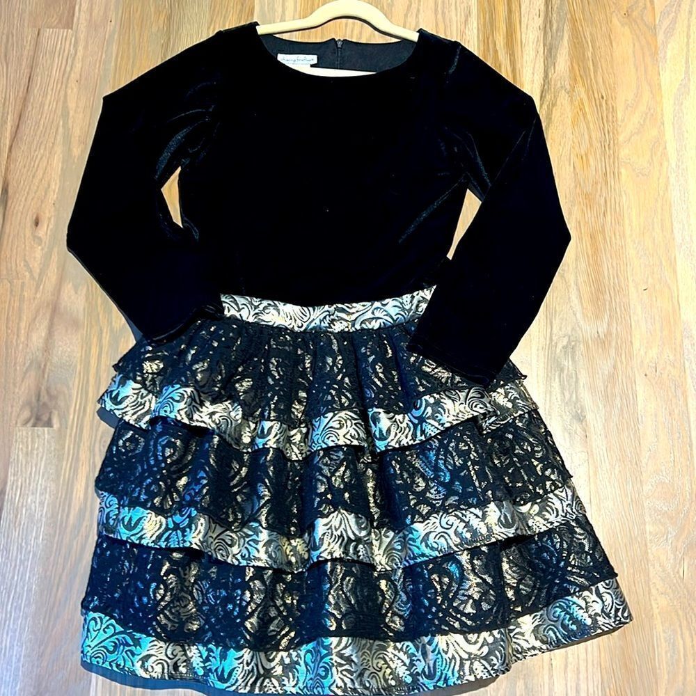 Chasing Fireflies Black and Gold Velvet Brocade Holiday Party Dress